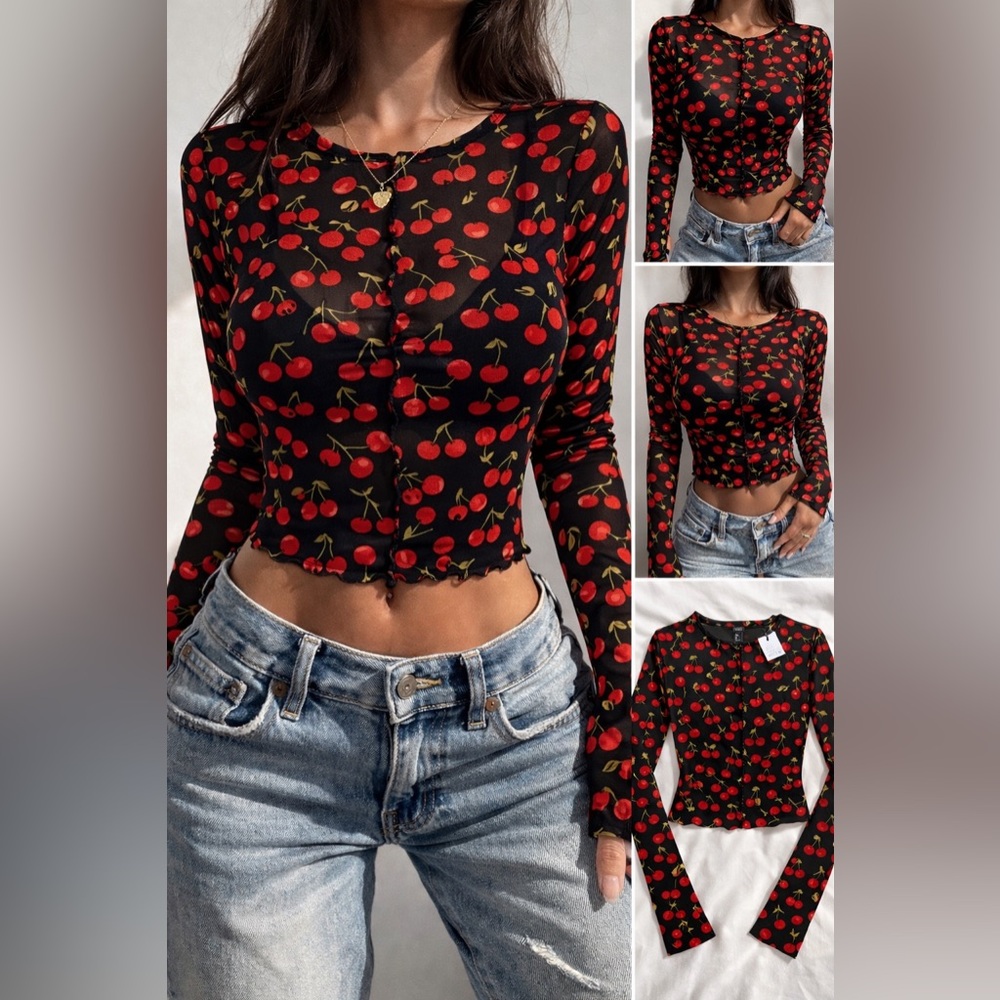 Forever 21 Sheer Cherry Mesh Long Sleeve Top Size Small